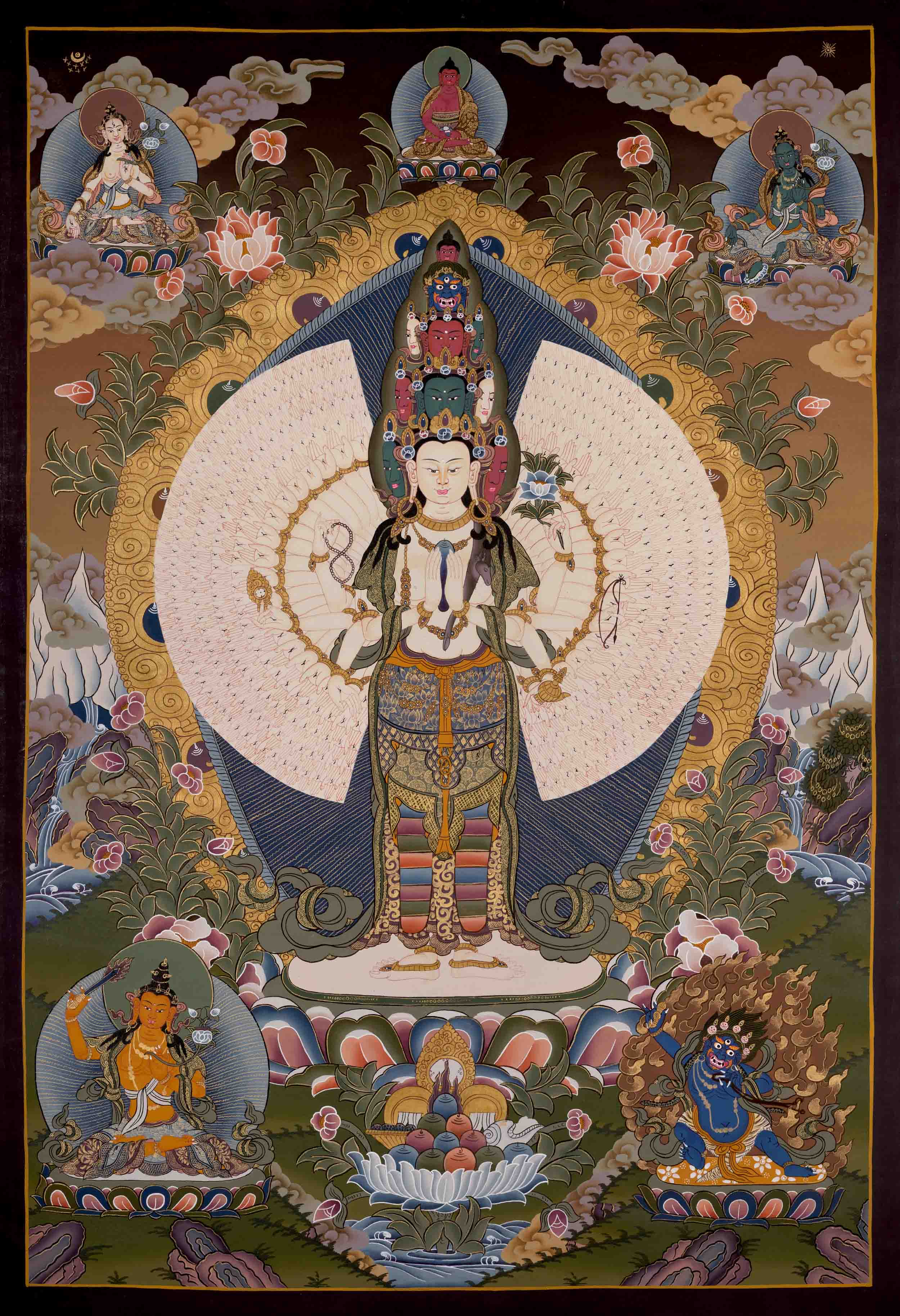 1000 Armed Avalokiteshvara Thangka Art Followed By Mahakala & Other Bodhisattvas