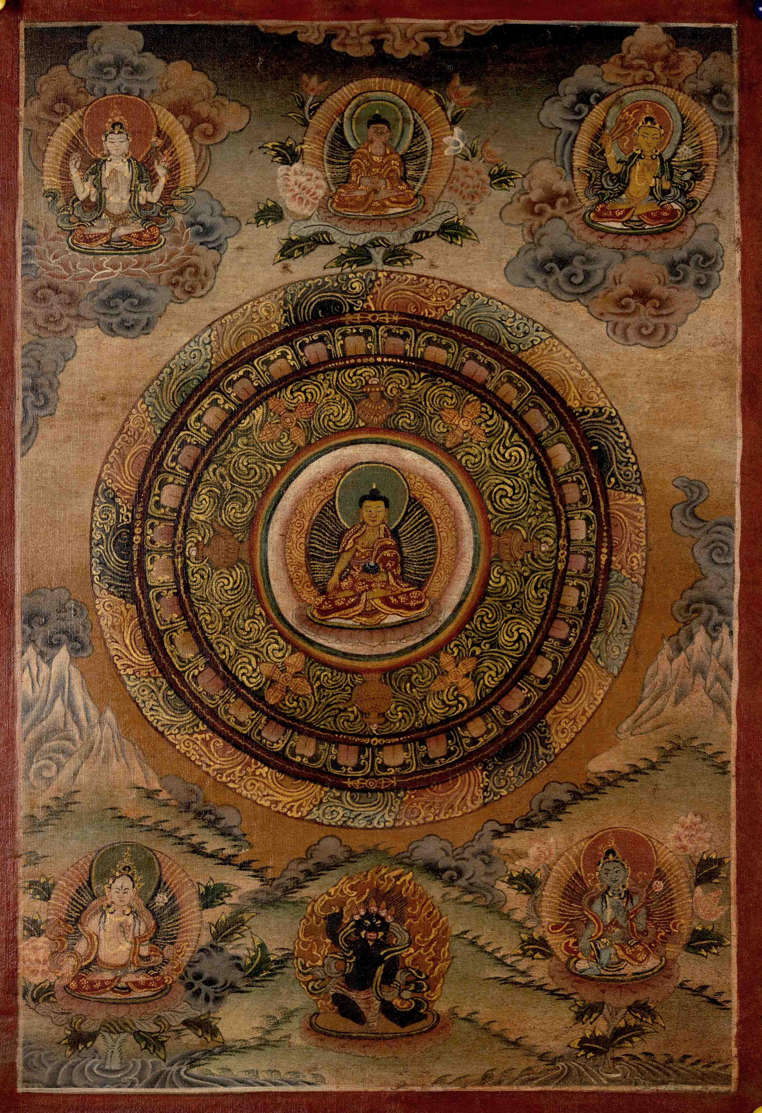 Shakyamuni Buddha Followed By Mahakala And Other Bodhisattvas