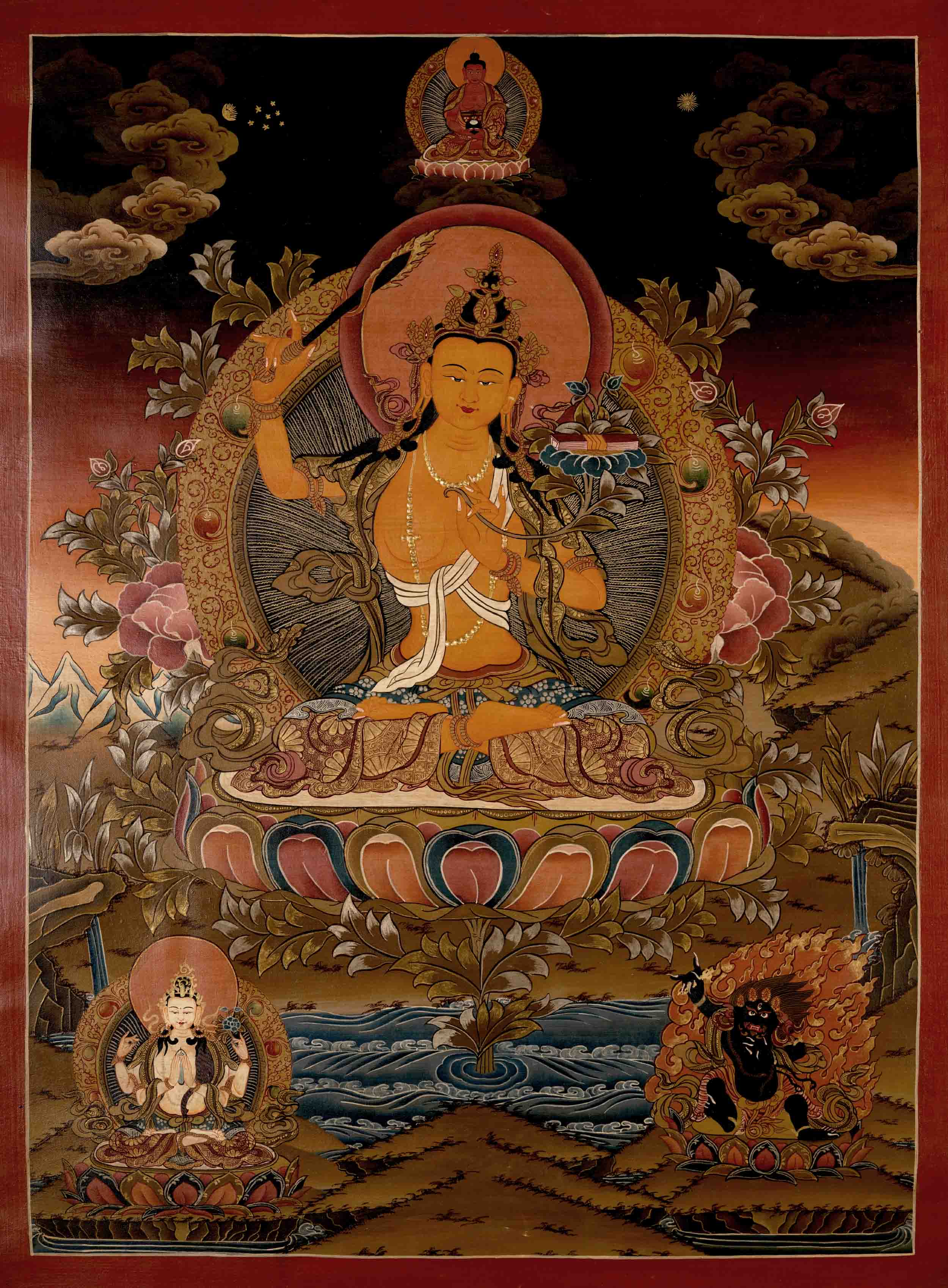 Manjushree Thangka Followed By Mahakala And Other Bodhisattvas