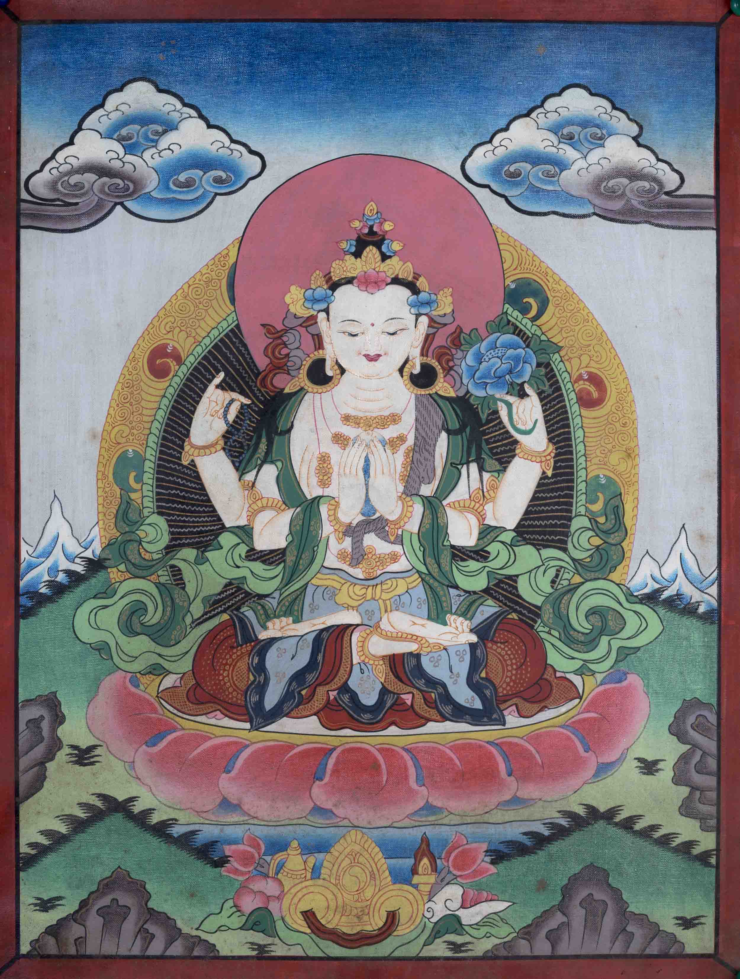 Oil Varnieshed Avalokitesvara Chengrezig Thangka | Bodhisattva of Compassion