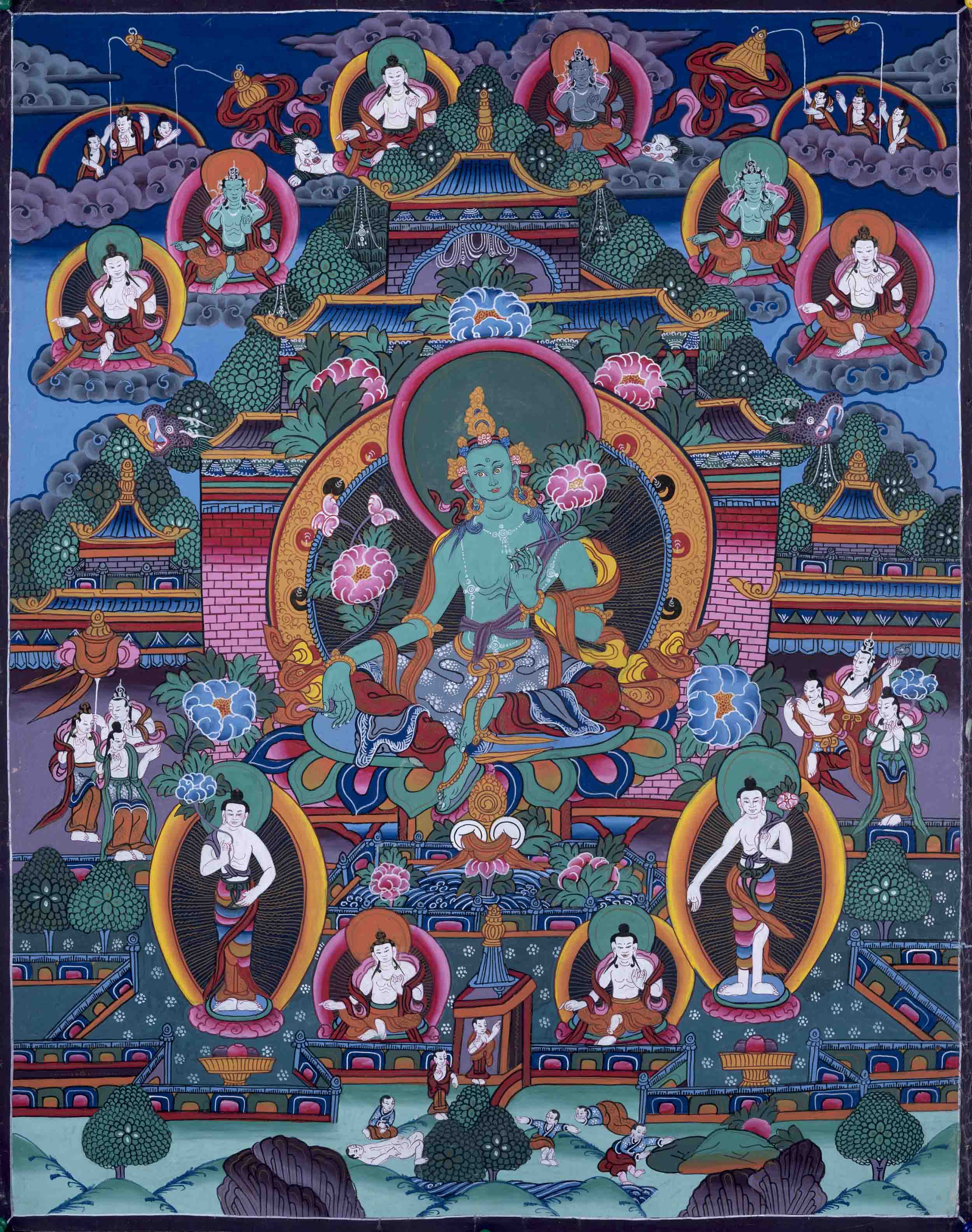 30  Years Old Green Tara Bodhisattva Original Hand Painted Thangka Followed By Other Bodhisattvas