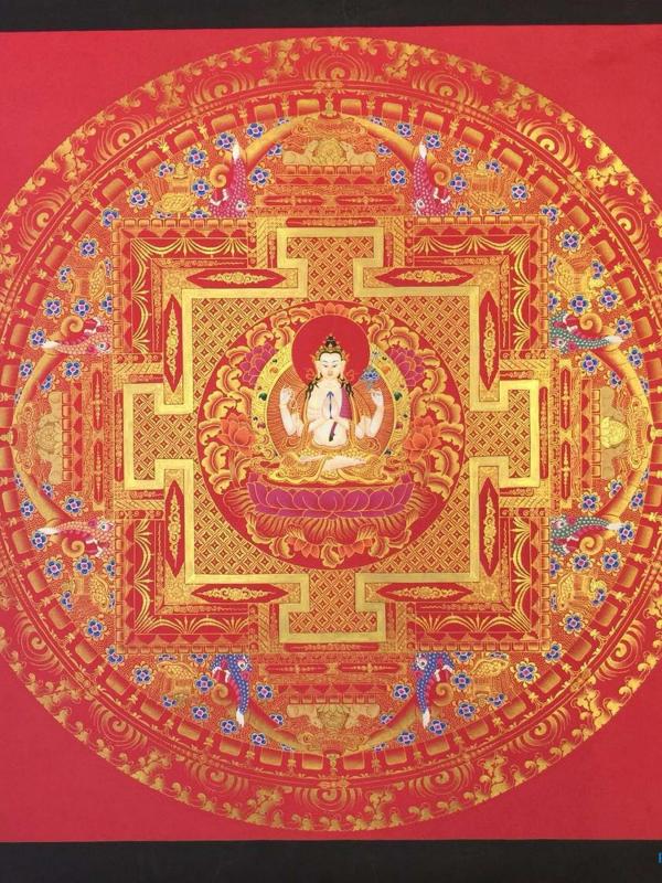Genuine 24K Gold Painted Chengrezig mandala | Fine Quality| Thangka Painting | Bodhisattva of Compassion| Art Painting for Meditation & Yoga