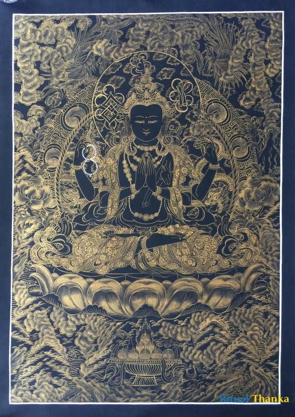 Avalokiteshvara | Chenrezigc Kalo Sunaulo ( Golden Bkack ) Thangka