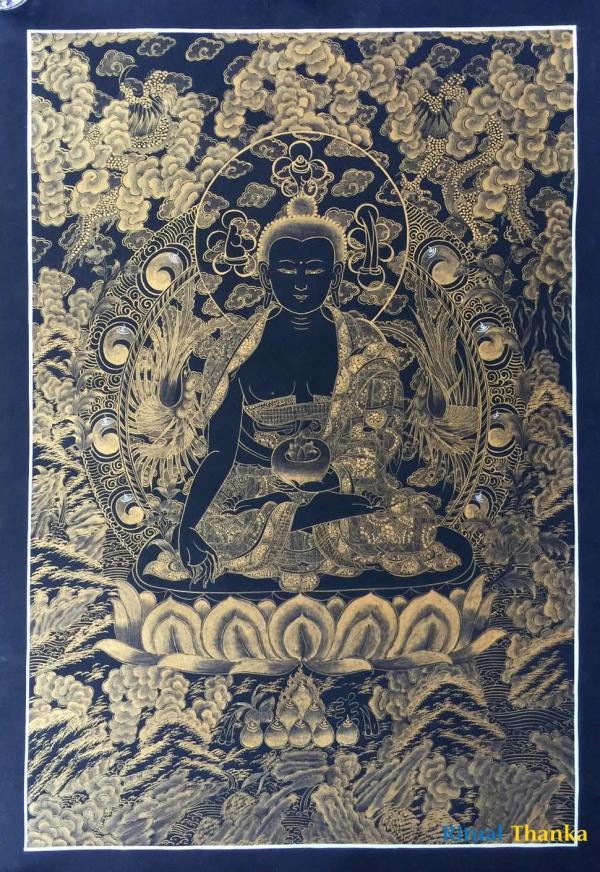Medicine Buddha Kalo Sunaulo ( Golden Black ) Thangka