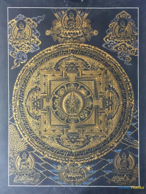 Original Hand Painted Gold & Black Style Lokeshvara Mandala Thangka Painting | Tibetan Buddhist Mediation And Yoga Art | Wall Hanging Decor