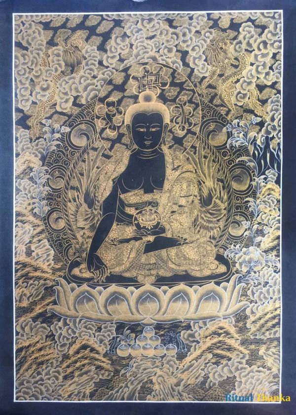 Medicine Buddha Kalo Sunaulo ( Golden Black ) Thangka
