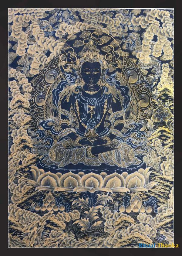 Aprarmita/Amitayus Buddha Thangka (Golden Black)