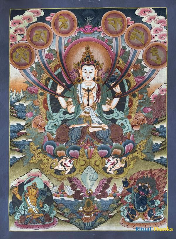 Original Handmade Avalokitesvara Chengrezig with Mantra | Deity of Tibet Wall Hanging