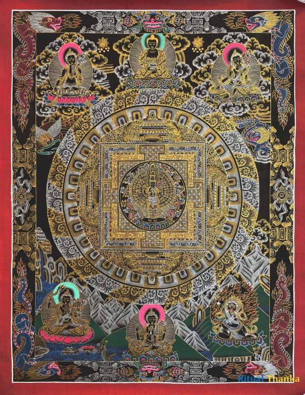 Gold & Black Style Lokeshvara Mandala Thangka Painting | Original Hand Painted Tibetan Buddhist Mediation And Yoga Art | Wall Hanging Decor