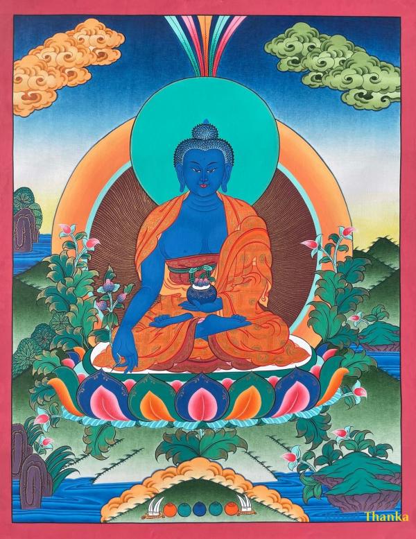 Original Hand Painted Thangka Of Medicine Buddha | Bhaisajyaguru Tibetan Healing Blue Buddha
