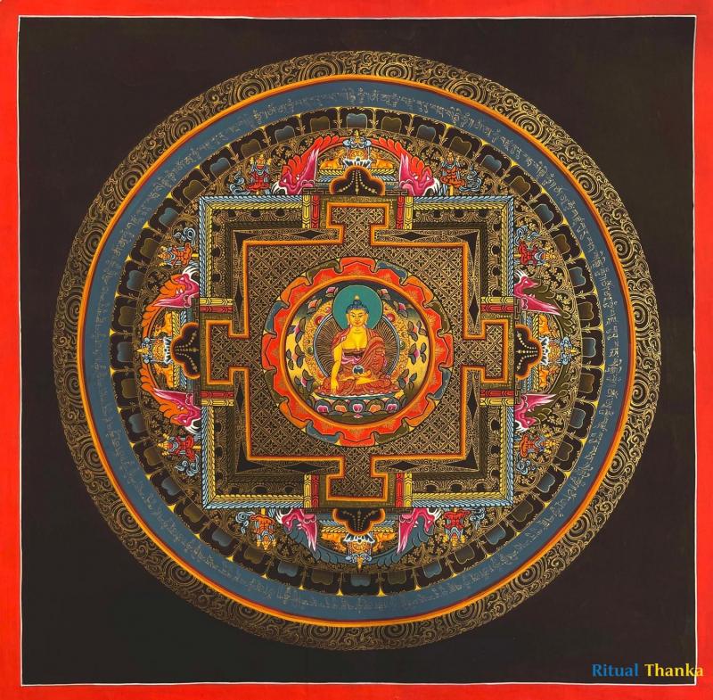 Buddha Shakyamuni Mandala Thangka Painting | Himalayan Buddhist Art of Buddha On Lotus Throne | 24 K Gold Work On Black Base Color