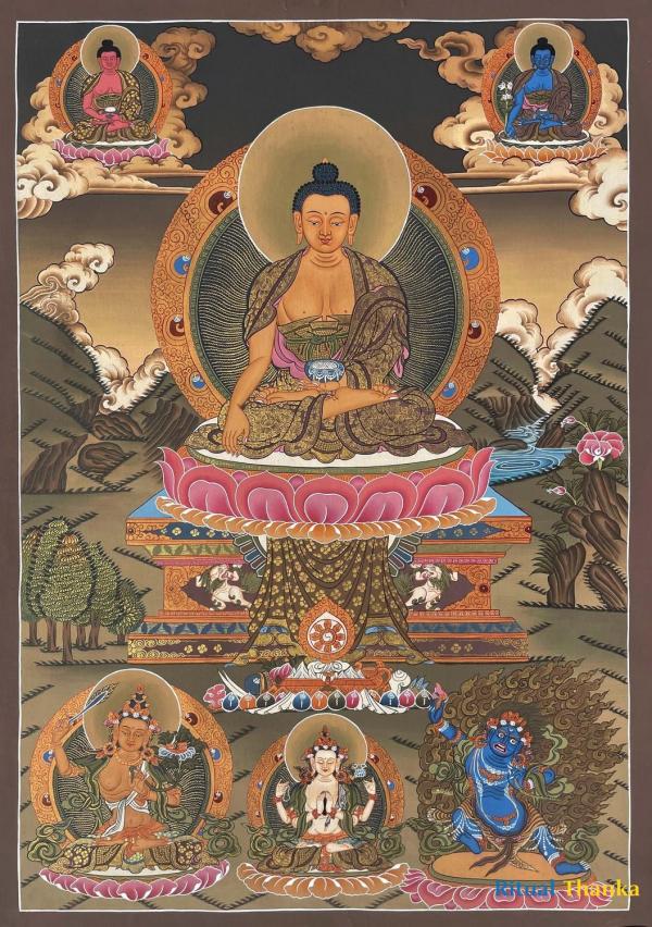 Shakyamuni Budhha Flanked By Other Bodhisattvas | Original Tibetan Buddhist Painting