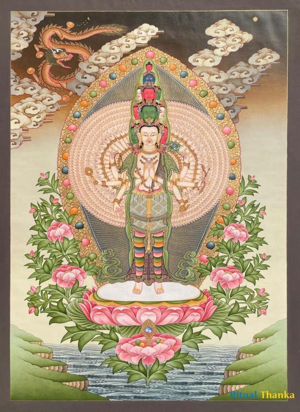 Lokeshvara Thangka Popularly known as Avalokiteshvara or Chenrezig Thangka