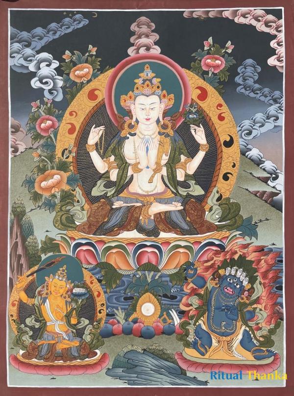 Original Hand-Painted Chengrezig Thangka | Thangka Painting | Avalokiteshvara Tibetan Thangka
