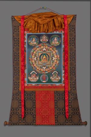 Original Vintage hand painted Round Buddha Mandala thanka with brocade