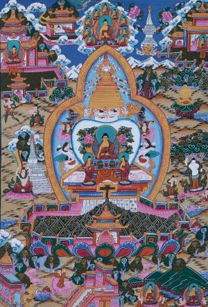 Buddhist Stupa Thangka Painting with Buddha In Lotus Flanked By Shariputra And Maudalyana surrounded by Chaitya And Chorten