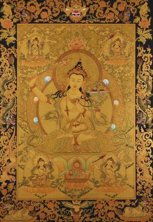 Full Gold Style Manjushree Thangka With Dragon Border | Original Hand Painted Bodhisattva Art