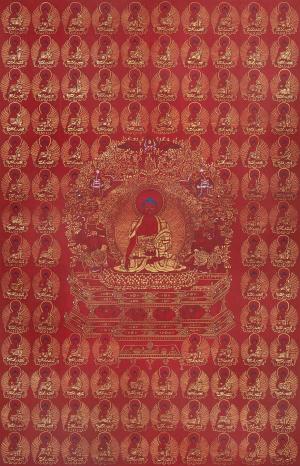 Red Colored 108 Buddhas 24K Gold Thangka Painting | 108 Shakyamuni Buddha