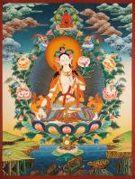 White Tara Thangka With Red Buddha Amitabha On Top