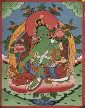 Vintage Small Size Green Tara Female Bodhisattva Original Hand Painted Thangka
