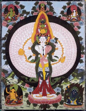 30+ Years Old 1000 Armed Avalokiteshvara Thangka Art Followed By Mahakala & Other Bodhisattvas