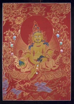 Red And Gold Painted Dzambala Thangka | Original Hand-Painted Deity Of Wealth