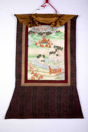 Excellently Preseved 30+ Years Old Thangka With Dhaka Fabric Brocade | Jataka Tales of the Buddha