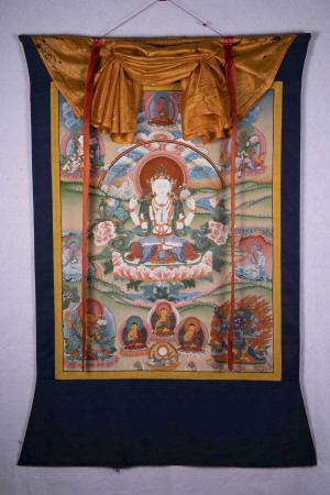 rocade Chengrezig Thanka | Original vintage Hand Painted Tibetan Thangka with brocade