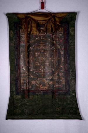 Vintage Heruka Mahakala Mandala Thangka with Brocade