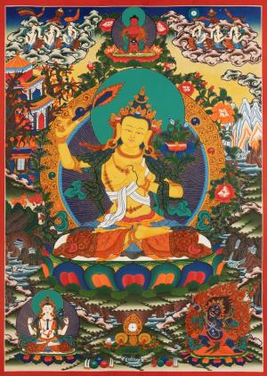 Medium Size Manjushree Bodhisattva Thangka Art | Genuine Hand Painted Deity of Wisdom