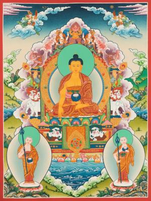 Buddha Shakyamuni Originally Hand-Painted On Cotton Canvas | Shariputra and Maudalyana By his Side