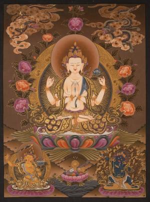 Avalokitesvara Chengrezig Thangka Flanked By Other Bodhisattva | 4 Armed Chengrezig Bodhisattva