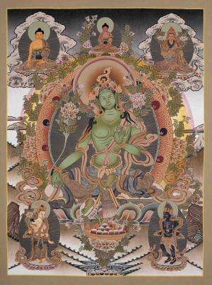 Green Tara Thangka Followed By Mahakala And Other Bodhisattvas