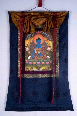 Original Hand painted Medicine Buddha Thangka With Brocade | Himalayan Healing Painting