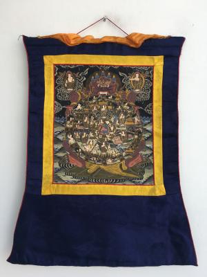 Wheel of life Thangka | Vintage Painting of Buddha's Teaching | Old Brocade mounted Thanka Tapestry
