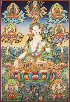 White Tara, Long Life Deity With Five Buddhas Thangka Painting With Detail Finishing Flanked By Namgyalama and Amitayus With Beautiful Colors