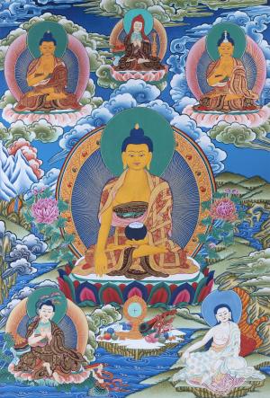 Thangka Painting of Shakyamuni , Dipankara and Maitreya Buddha Surrounded by The Great Buddhist Masters