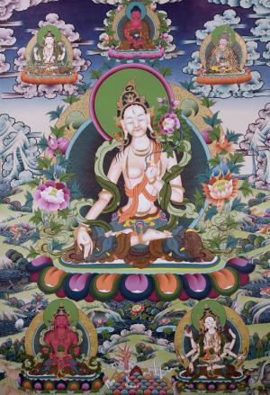 156 x 107 CMS White Tara Thangka Surrounded by Bodhisattva and Buddhist Masters