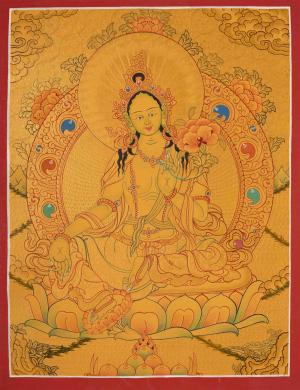 24K Gold Style Green Tara Thangka | Original Hand Painted Healing Tara Painting