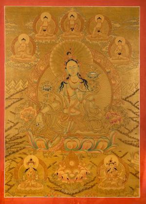 24k Full Gold Style Green Tara Thangka | Tibetan Thangka Art