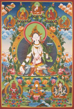 White Tara Thangka With 5 Dhyani Buddha On Top | Wall hanging Decoration for Relaxation