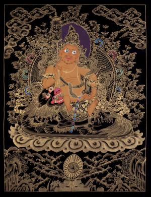 Black And Gold Painted Namtose Thangka Painting | Original Hand-Painted Deity Of Wealth