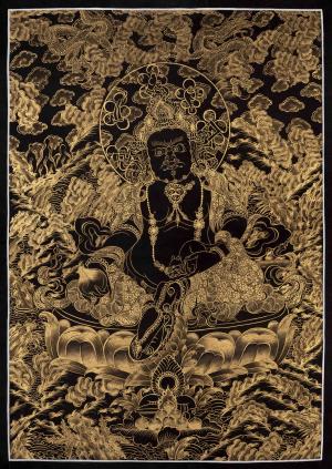 Black And Gold Style Painted Dzambala Thangka Painting | Original Hand-Painted Deity Of Wealth