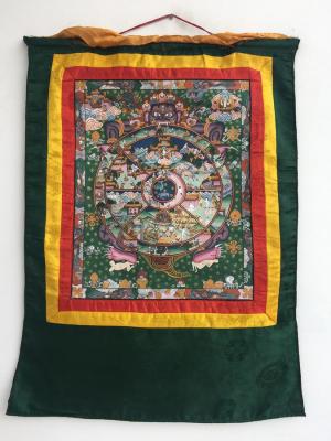 Wheel of life Thangka Vintage Painting mounted on Brocade in Great Condition | Wall hanging Decoration for Relaxation