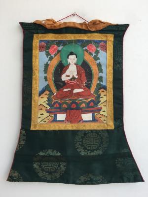 30+ Year Vintage Vairocana Buddha Thangka mounted on a beautiful Green Brocade