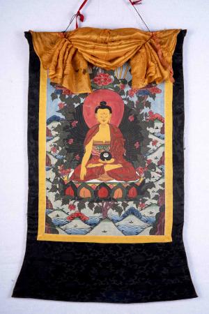 Late 20th Century Buddhist Painting of Shakyamuni Buddha with original hand sewed brocade with White Tara And Green Tara on top