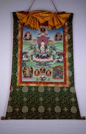 Original Vintage hand painted Chengrezig thanka with brocade | Traditional Handmade Tibetan Decoration Painting
