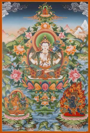 Four-Armed Avalokiteshvara Superfine Quality Tibetan Thangka | Surrounded By Red Amitabha Buddha, Vajrapani And Manjushri