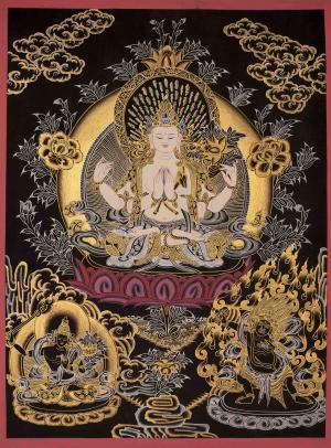 Avalokitesvara Chengrezig Thangka | Bodhisattva of Compassion | Art Painting for Meditation, Good Luck , Wealth and Success