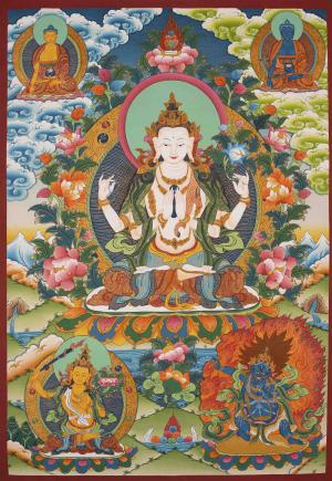 Avalokitesvara Chengrezig Thangka Flanked By Other Bodhisattvas | Original Handmade Religious Wall Decoration Painting